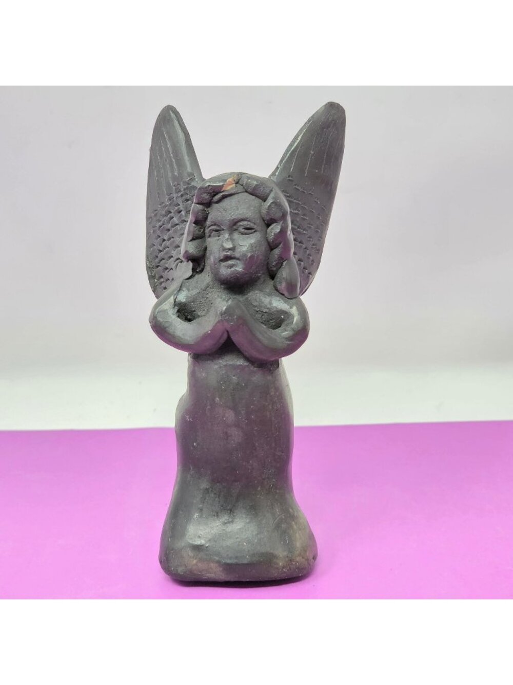 Handcrafted Black Clay Angel Figurine/Candle Holder Statue Rustic Ceramic Decor